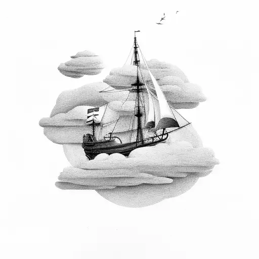 flying Sailing Ship emerging from clouds, birds tattoo design idea