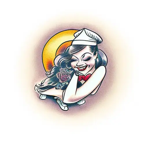 A woman hugging her knees and smiling tattoo design idea