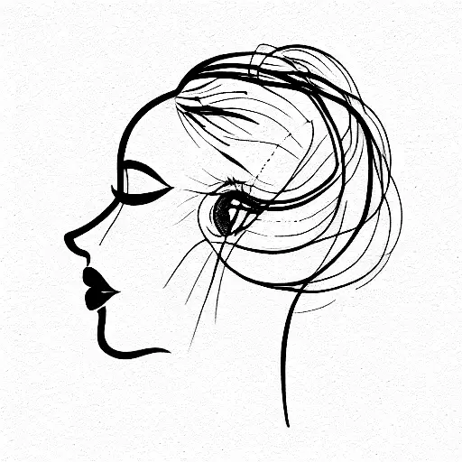 Profile of a head where inside you can see a woman hugging her knees and smiling tattoo design idea