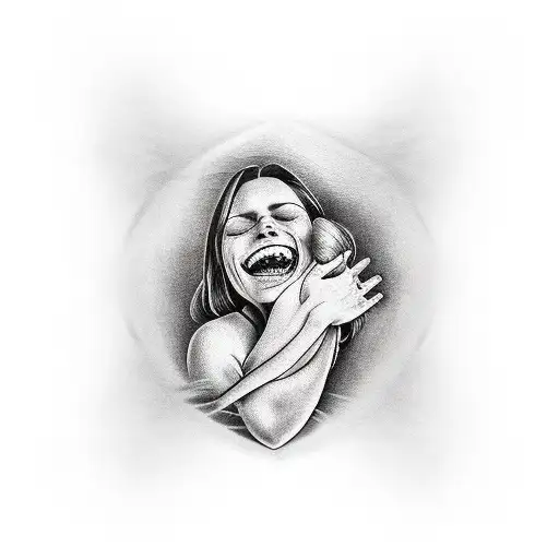 A woman hugging her knees and smiling tattoo design idea
