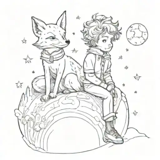 little prince character on planet with fox tattoo design idea