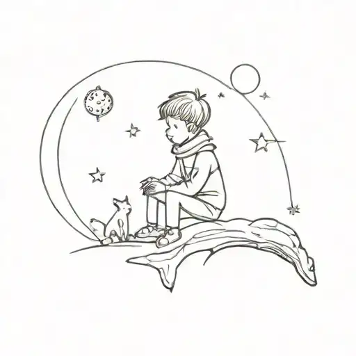 little prince character on planet with fox tattoo design idea