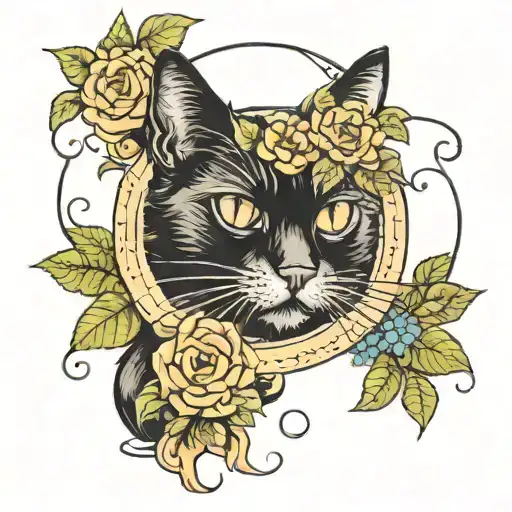 black cat framed, catnip flowers, banner "you were bigger than the whole sky" tattoo design idea