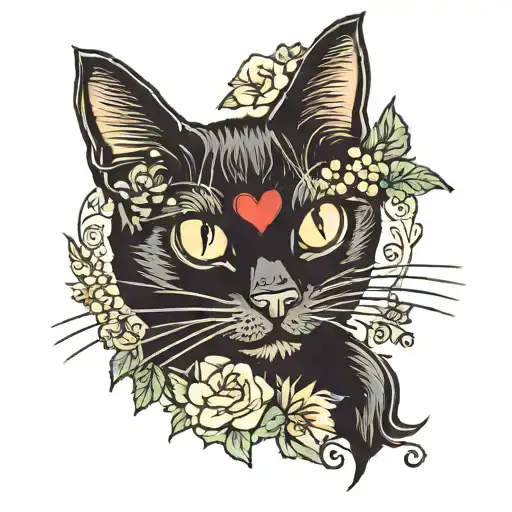 black cat with black nose, heart framed, catnip flowers, tattoo design idea