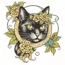 black cat framed, catnip flowers, banner "you were bigger than the whole sky" tattoo design idea