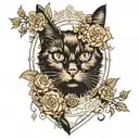 black cat framed, catnip flowers, banner "you were bigger than the whole sky" tattoo design idea