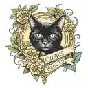 black cat framed, catnip flowers, banner "you were bigger than the whole sky" tattoo design idea
