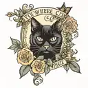 black cat framed, catnip flowers, banner "you were bigger than the whole sky" tattoo design idea