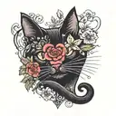 black cat with black nose, heart framed, catnip flowers, tattoo design idea