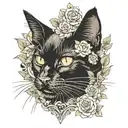 black cat with black nose, heart framed, catnip flowers, tattoo design idea