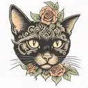 black cat with black nose, heart framed, catnip flowers, tattoo design idea