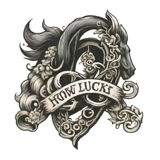 words that say "How lucky are we?" inside two horse shoes. tattoo design idea