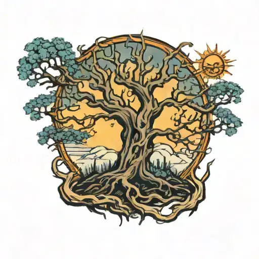 dead poision tree with a sun on top  tattoo design idea