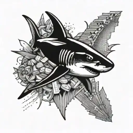 A shark swimming through a sea of financial documents and investment charts, symbolizing the client's passion for both finance and marine life tattoo design idea