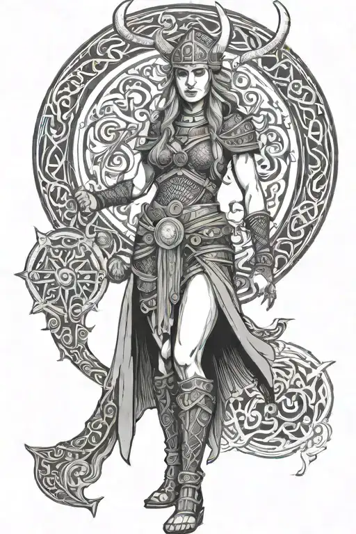 viking warior woman posing, full body tattoo design idea
