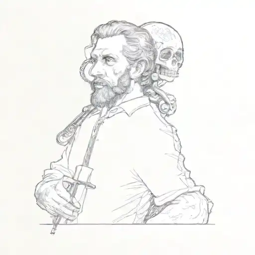 a version of Arnold Böcklin's painting "A Self-Portrait with Death playing the Fiddle" in old school tattoo style, black tattoo design idea