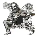 a version of Arnold Böcklin's painting "A Self-Portrait with Death playing the Fiddle" in old school tattoo style, black tattoo design idea