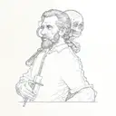 a version of Arnold Böcklin's painting "A Self-Portrait with Death playing the Fiddle" in old school tattoo style, black tattoo design idea