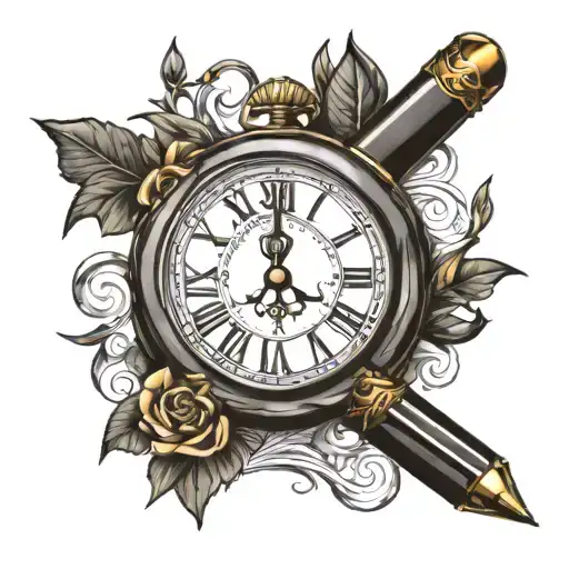 black pen clock greek mythology tattoo design idea