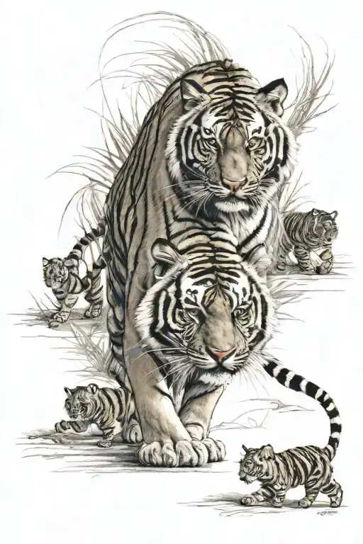 tiger walking with tiger cubs behind her in the shadows  tattoo design idea