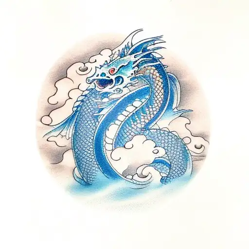 Dragon and Koi with clouds and waves in the background tattoo design idea