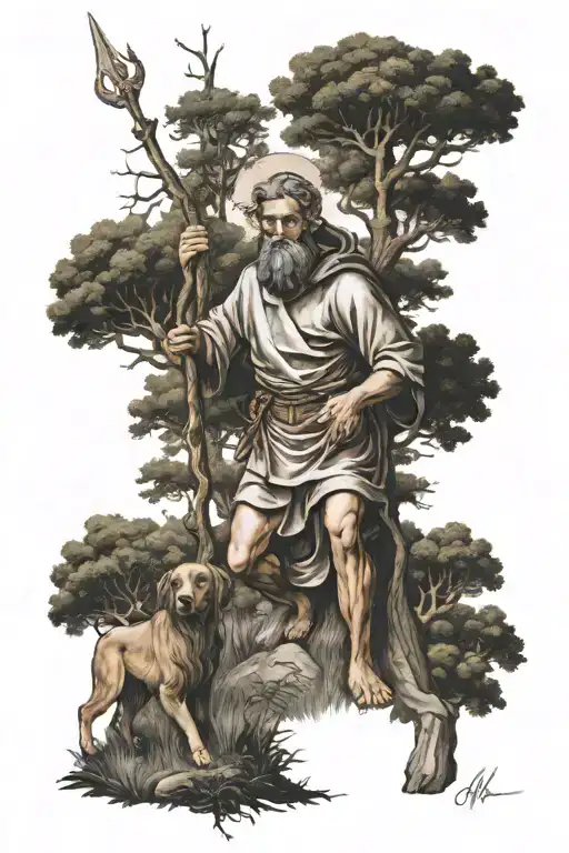 saint christopher walking in the forest tattoo design idea