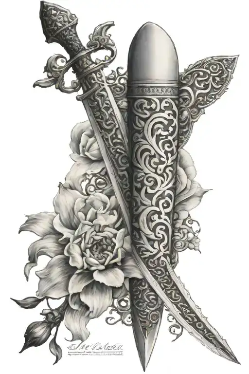 Arm Sleeve with Persian and Arabic theme and Persian Damascus sword with Narcissus black and white tattoo design idea