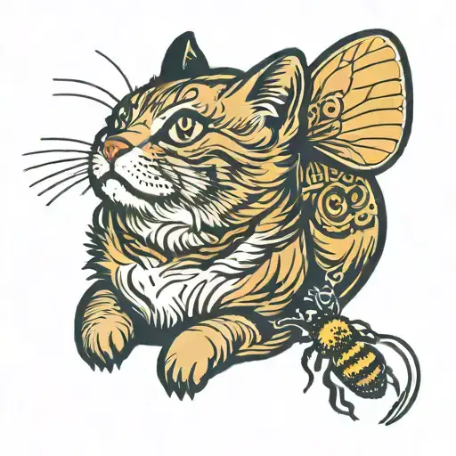 small fine line cat looking up at small fine line bumble bee  tattoo design idea
