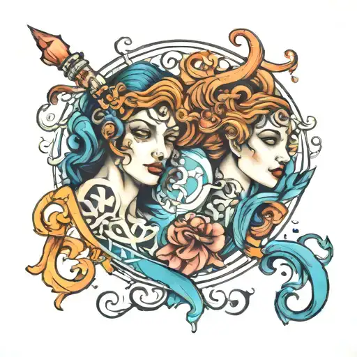 Gemini and Pisces symbol intertwined tattoo design idea