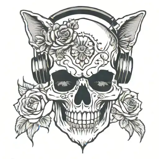 skull with black roses and black cat wearing headphones tattoo design idea