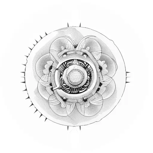 A minimalist design of a circular gear shifter with two jasmine flowers intertwined around it tattoo design idea