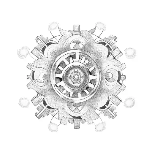 A minimalist design of a circular gear shifter with two jasmine flowers intertwined around it tattoo design idea