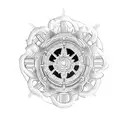 A minimalist design of a circular gear shifter with two jasmine flowers intertwined around it tattoo design idea
