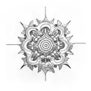A minimalist design of a circular gear shifter with two jasmine flowers intertwined around it tattoo design idea