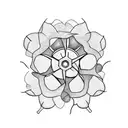 A minimalist design of a circular gear shifter with two jasmine flowers intertwined around it tattoo design idea