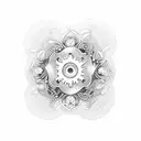 A minimalist design of a circular gear shifter with two jasmine flowers intertwined around it tattoo design idea