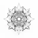 A minimalist design of a circular gear shifter with two jasmine flowers intertwined around it tattoo design idea