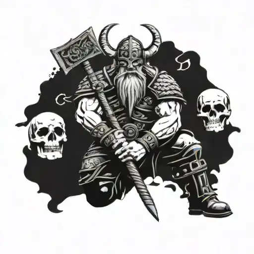 Dark Viking warrior with an ax in his hands and skulls at his feet tattoo design idea