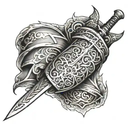sleeve armour holding a sword tattoo design idea