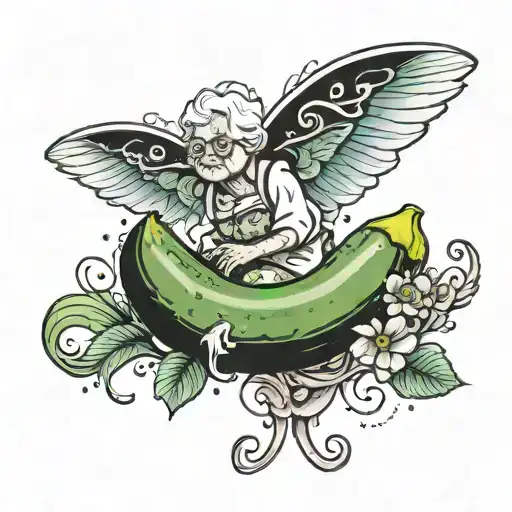 Grandma on a flying cucumber tattoo design idea