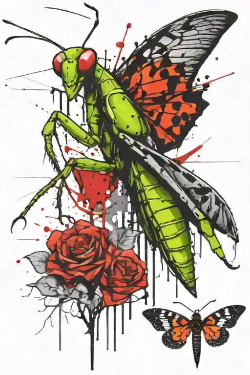 praying mantis holding a black moth tattoo design idea