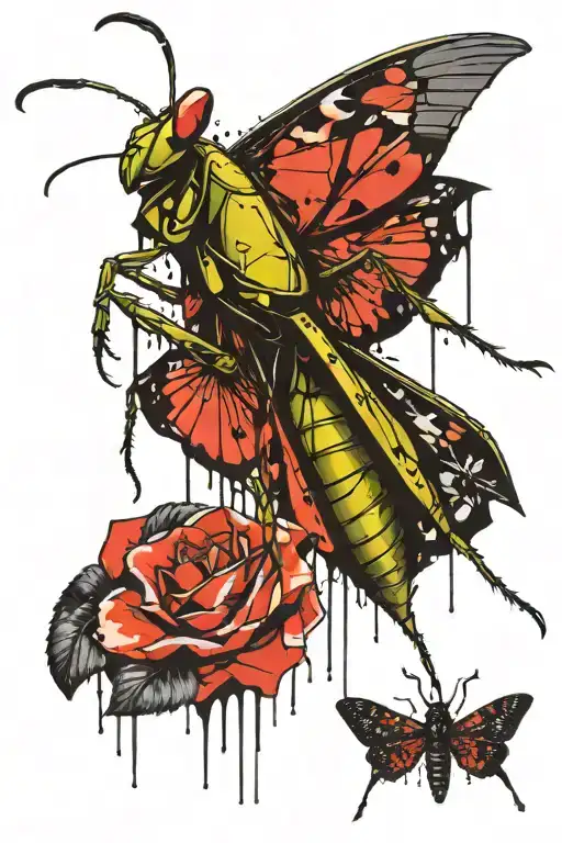 praying mantis holding a black moth tattoo design idea