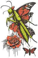 praying mantis holding a black moth tattoo design idea
