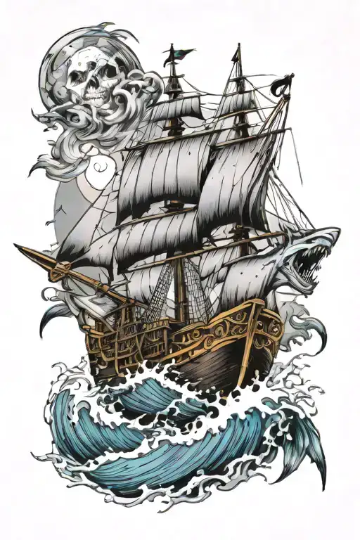pirate ship and mako shark swimming, moonlight, splashing water and waves  tattoo design idea