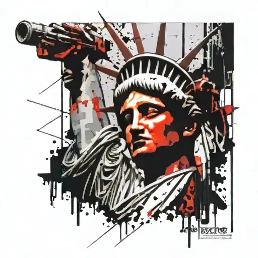 the statue of liberty but instade of the head of the statue is a face of a women, and she holds an ak-47 with laser, at tattoo design idea