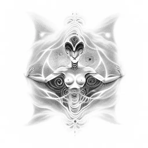 Visualize a feminine alien figure that embodies cosmic horror. It's ethereal, with forms made of cosmic nebulae and dist tattoo design idea