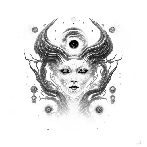 Visualize a feminine alien figure that embodies cosmic horror. It's ethereal, with forms made of cosmic nebulae and dist tattoo design idea