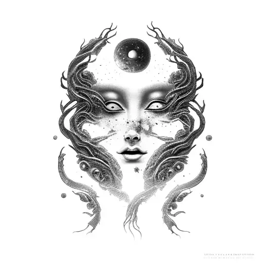 Visualize a feminine alien figure that embodies cosmic horror. It's ethereal, with forms made of cosmic nebulae and dist tattoo design idea