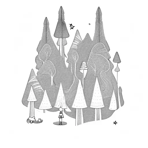 A whimsical scene of a family camping trip in a mystical forest with psychedelic mushrooms scattered around tattoo design idea