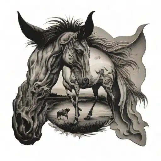 A surreal black and grey tattoo of a dog and horse morphed together in a dreamlike landscape tattoo design idea